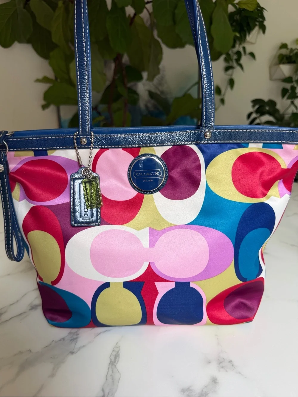 Coach Y2K Op Art Signature Scarf Print Multicolor Satin Tote Shoulder Bag F15183